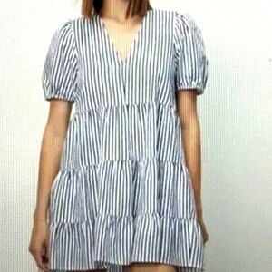 Zara Ruffled Tired V-Neck Blue & white Striped Dress Size xs